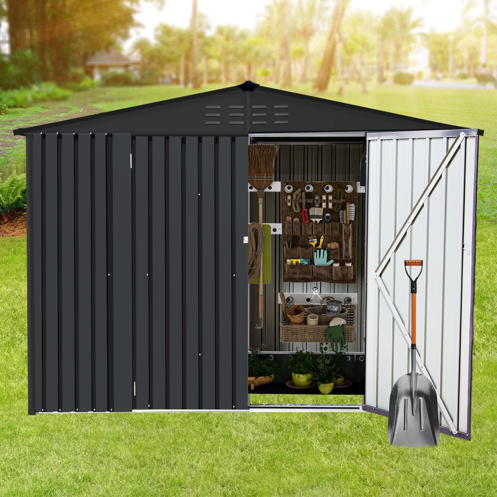 JBLCC Metal Storage Shed 4x9 ft, Steel Shed Storage House with Door & Lock, Outdoor Storage Sheds for Backyard Garden Patio Lawn, Dark Gray