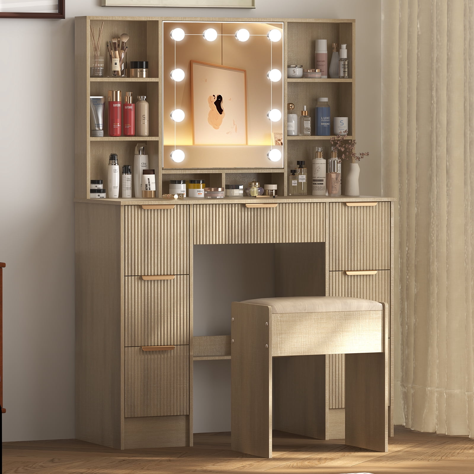 JBLCC Modern Fluted Makeup Vanity Desk with Lighted Mirror, 7 Drawers & 6 Shelves, Vanity Set with Stool, Natural Oak