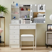 JBLCC Modern Makeup Vanity Desk w/ Led Lighted Mirror, Crystal Ball Knobs, White Vanity Set for Bedroom