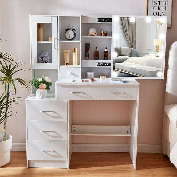 JBLCC Modern Makeup Vanity, Lighted Sliding Makeup Mirror, Vanity Desk with Drawers & Cabinet, White Vanity for Girls
