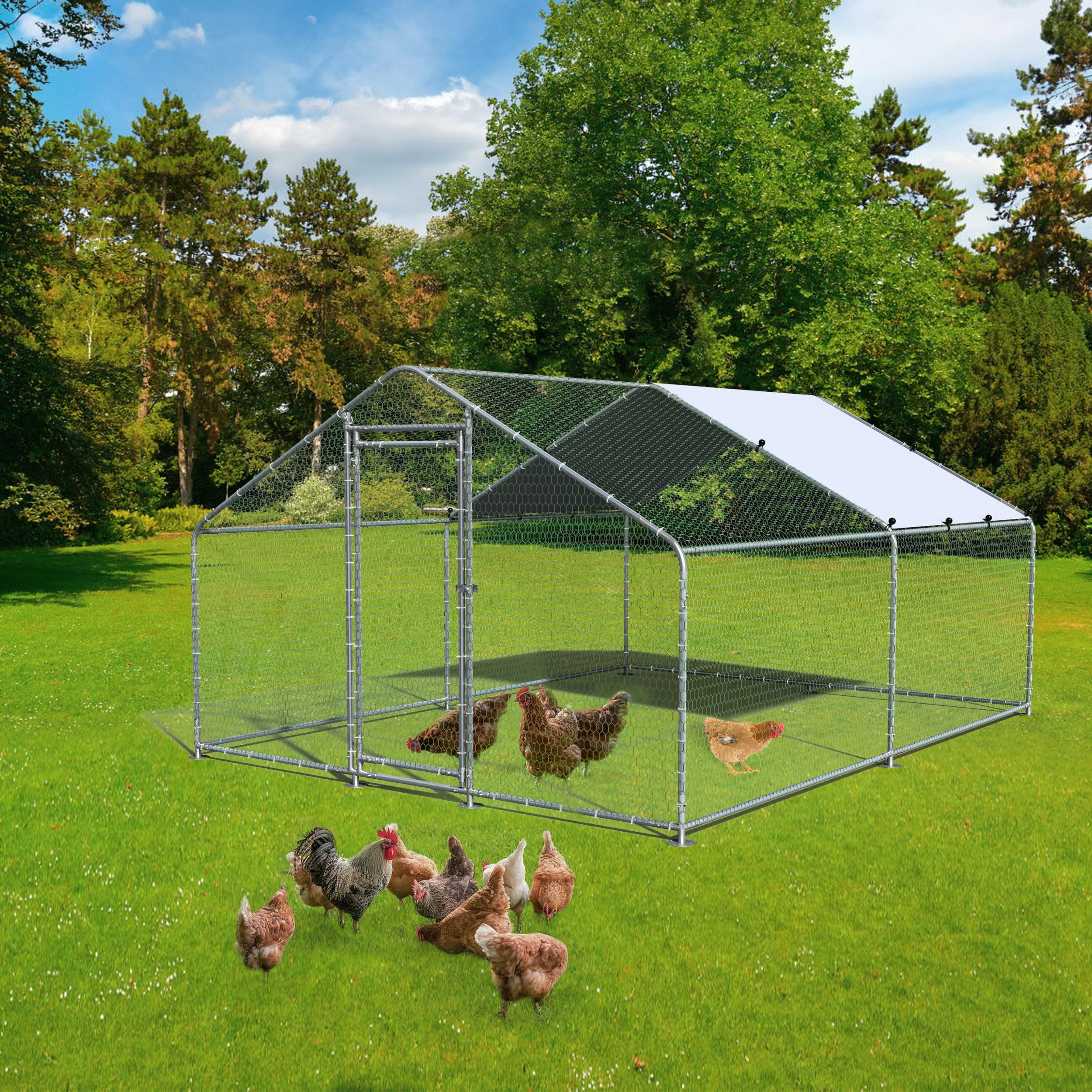 JBLCC Outdoor Chicken Coop Large Metal Chicken Run Duck Coop Waterproof Poultry Cage Spire Shaped Coops 13' L x 9.8' W x 6.5' H