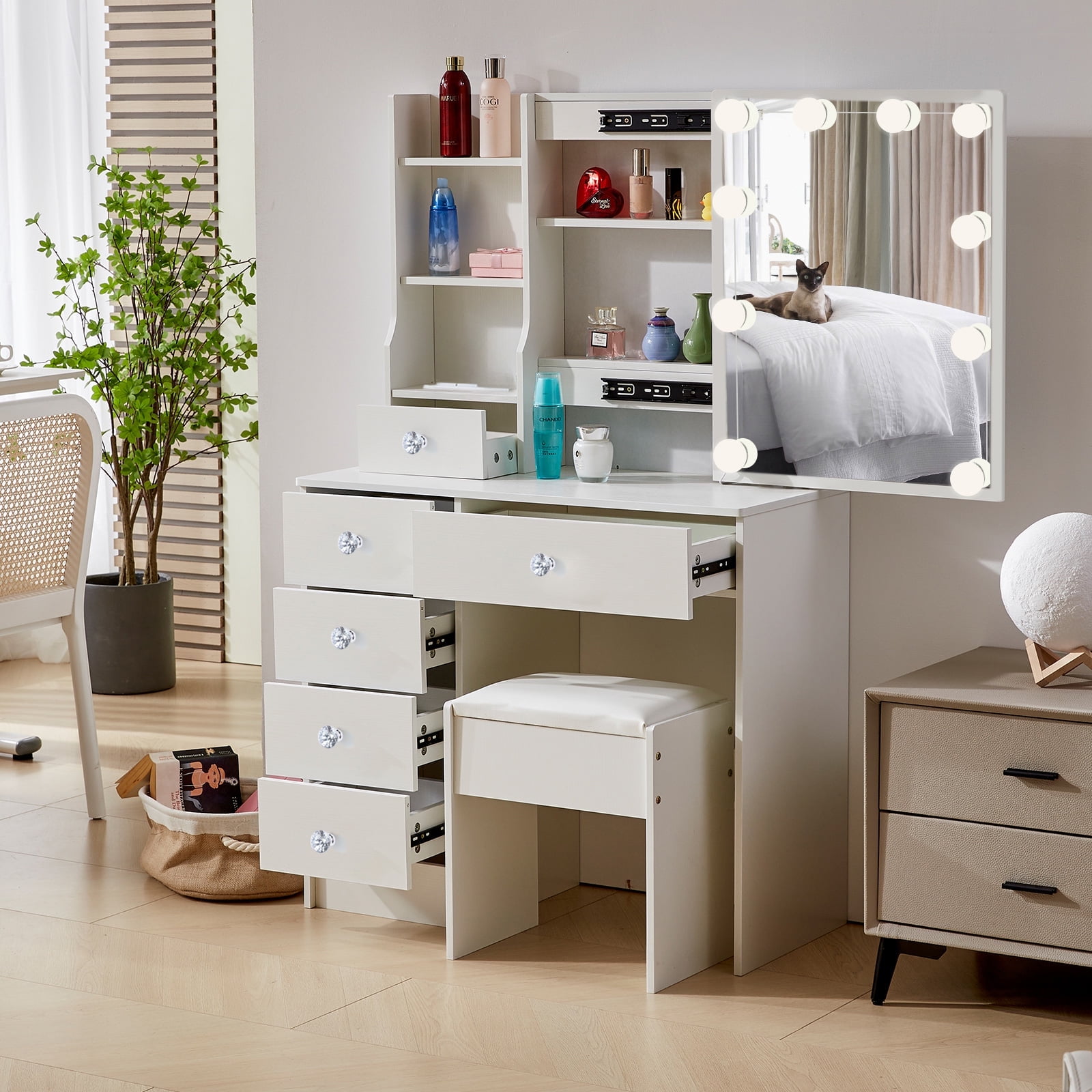 JBLCC Vanity Desk with Lights and Mirror Makeup Dressing Table with Storage Drawers and Shelves for Bedroom Vanity Set with Charging Station