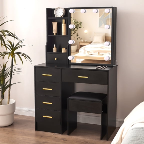 JBLCC Vanity Desk with Lighted Sliding Mirror, Vanity Set with Stool, Makeup Dressing Table for Girls, Black