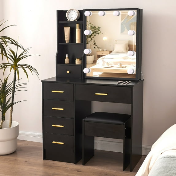 JBLCC Vanity Desk with Lighted Sliding Mirror, Vanity Set with Stool, Makeup Dressing Table for Girls, Black