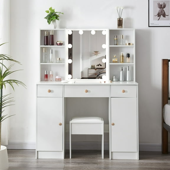 JBLCC Vanity Desk with Mirror & LED Lights, 39" Large Makeup Vanity Table with 3 Drawers & 6 Shelves, White
