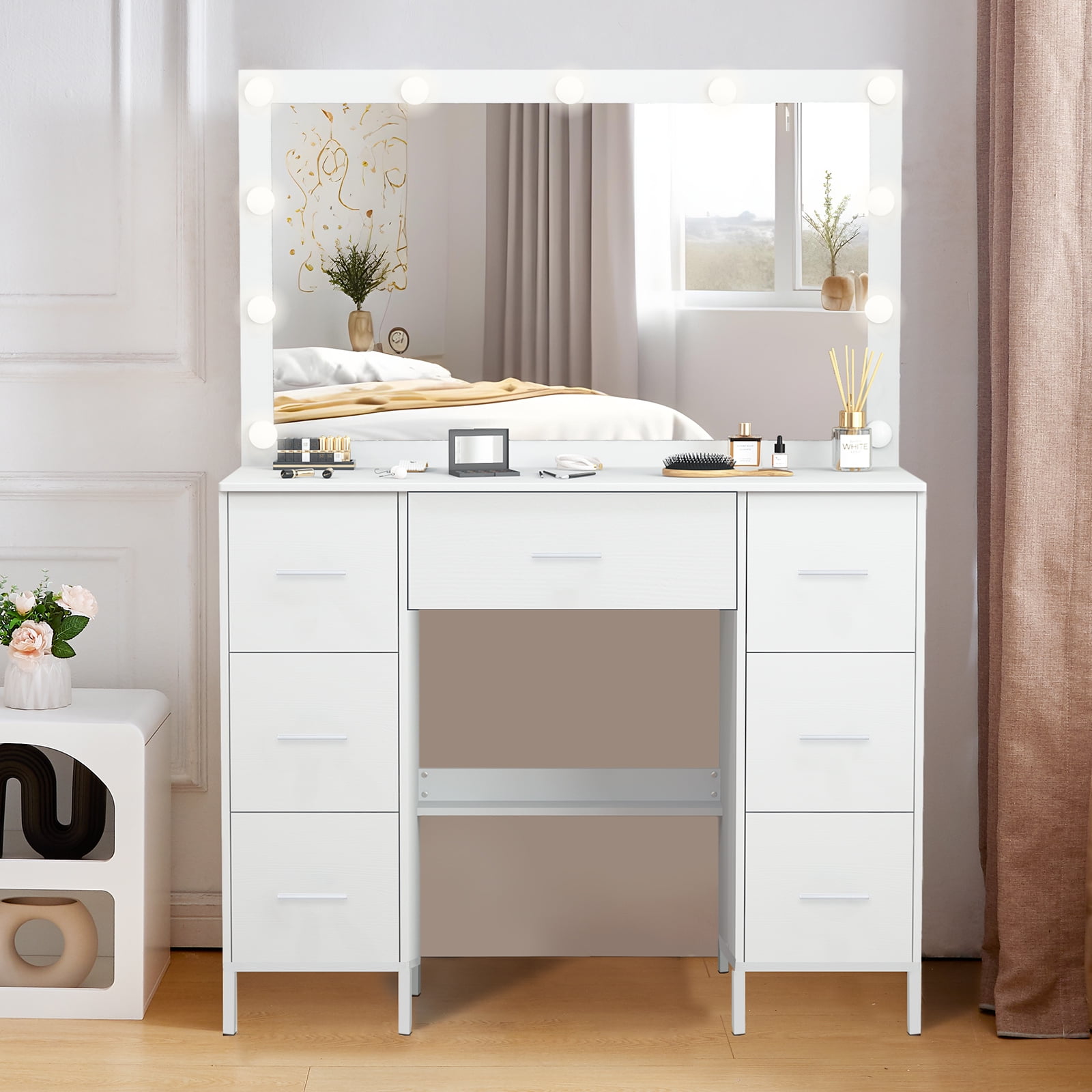 JBLCC Vanity Desk with Mirror and Lights, 7-Drawer Makeup Vanity Table with Hollywood Bulbs for Bedroom, Dressing Table for Women & Girls, White
