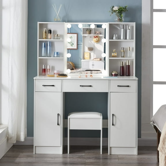 JBLCC Vanity Set with 10 Light Bulbs, Makeup Table with Cushioned Stool, 6 Storage Shelves 3 Drawers, Dressing Table Dresser Desk for Women, Girls, Bedroom, White