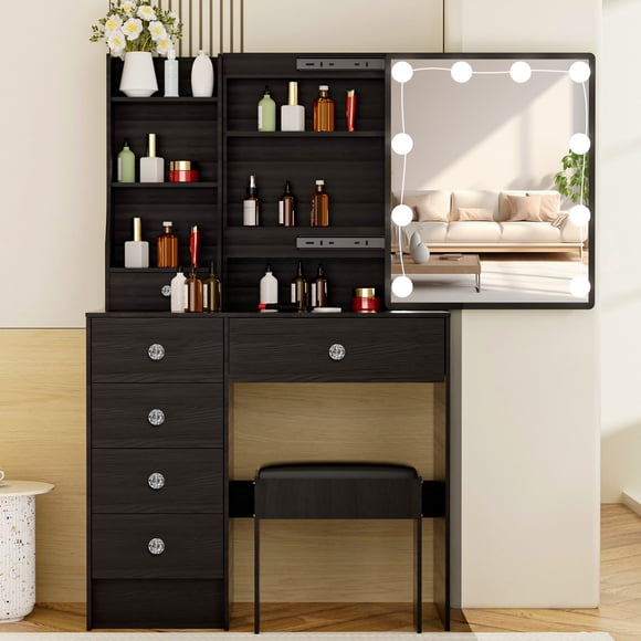 JBLCC Vanity Set with Mirror and Lights, Makeup Table Set with Chair and 6 Drawers, Dressing Table for Girls, Black