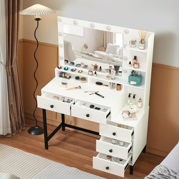 JBLCC Vanity Set with Mirror and Lights, White Makeup Desk, 11 LEDs, 5 Drawers, 6 Shelves, Iron Frame Dressing Table