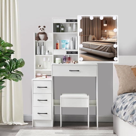 JBLCC White Vanity Table Set with Sliding Mirror, Modern Makeup Desk with LED Lights, Dressing Table with 4 Drawers for Girls Bedroom