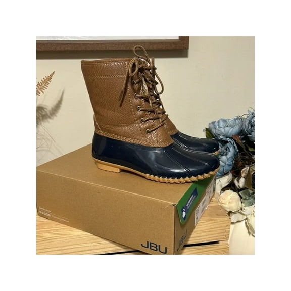 JBU Mens Brown Mixed Media Cushioned Waterproof Maine Round Toe Block Heel Lace-Up Duck Boots 12