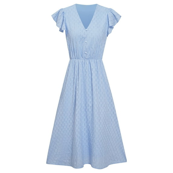JBXKXYW Dress For Women Women Solid Color Short Sleeve Flutter Sleeve V Neck Buttoned Dress Womens Dresses(Blue,S)