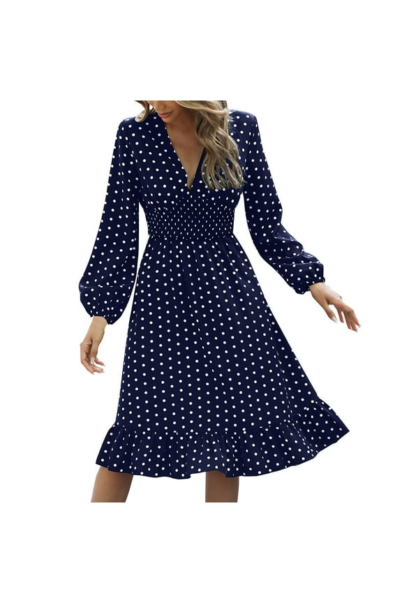 Dresses For Women 2024 Women'S Autumn Solid Color Waist Wrap Show Thin Dot Print Long Sleeve Dress Womens Dresses (Navy Blue,XL)
