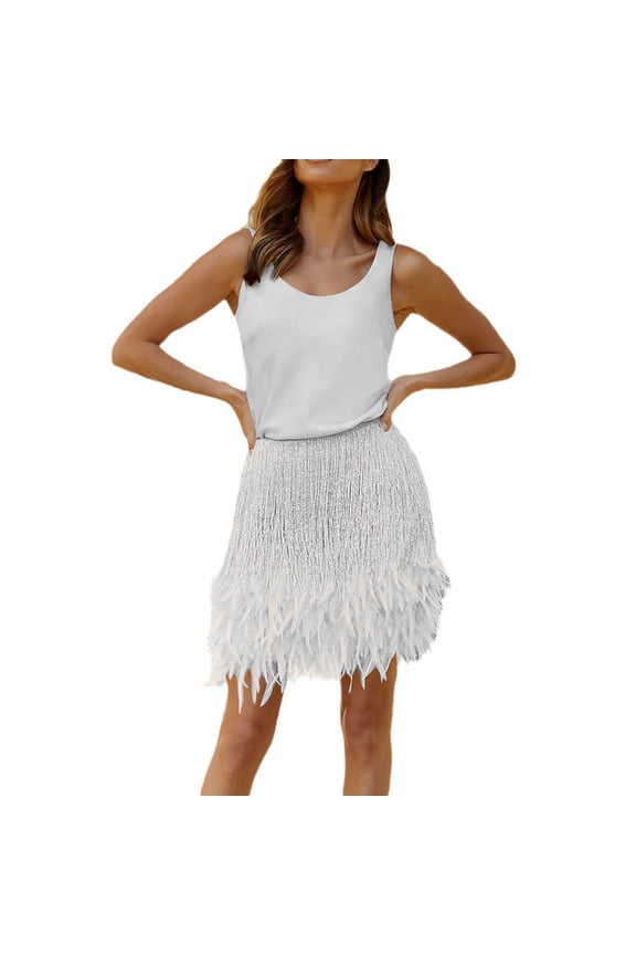 Dresses For Women 2024 Women's Solid Colour Vest Sexy Short Skirt Tassel Feather Short Skirt Two Piece Set Womens Dresses (White,S)