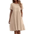 thumbnail image 1 of JBXKXYW Dresses for Women 2024 Casual Spring Womens Midi Plu Size Dresses Casual Cotton Linen Dress Crewneck Short Sleeve Cute A Line Tunic Dress With Pockets Summer Dresses (Beige,XXXL), 1 of 5
