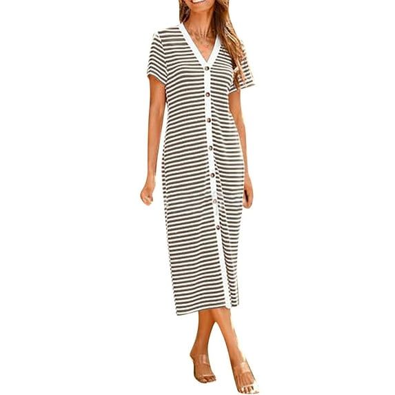 JBXKXYW Dresses for Women 2024 Women's Casual Dresses Short Sleeve Striped Midi Dress Decorated Buttons Ribbed Knit Dress Party Dress Womens Dresses Summer Dress (Coffee,L)
