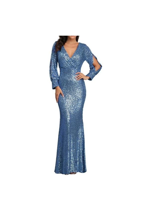 Dresses for Women 2024 Womens Evening Dresses Embroidered Sleeveless V Neck Wedding Bridesmaid Evening Long Dress Floor Length Bandage Prom Ball Gowns Womens Dresses (Blue,M)