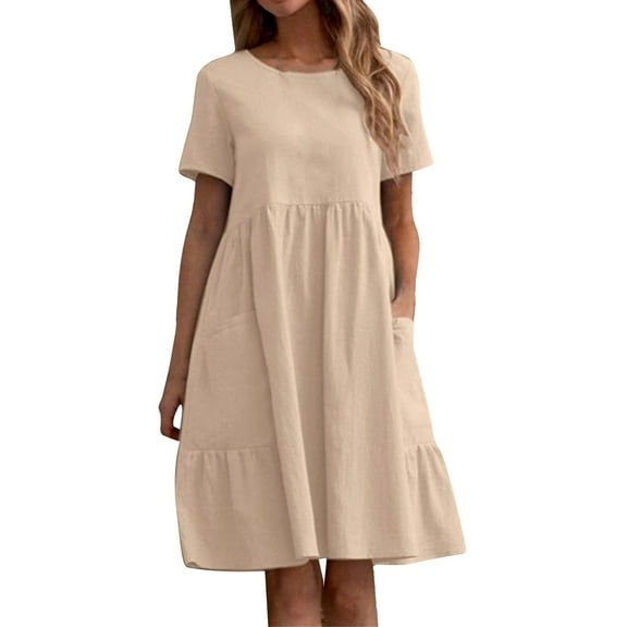 JBXKXYW Dresses for Women 2024 Womens Midi Plu Size Dresses Casual Cotton Linen Dress Crewneck Short Sleeve Cute A Line Tunic Dress With Pockets Dresses Maxi Dress Dressess (Beige,XL)