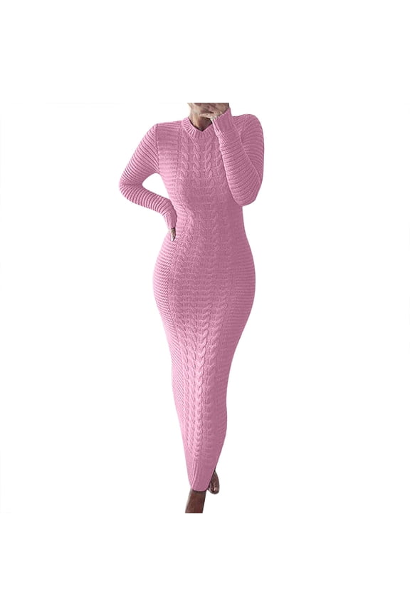 Dresses for Women 2024 Autumn and Winter Sweater Fashion Long Sleeved Woolen Dress Womens Dresses (Pink,S)