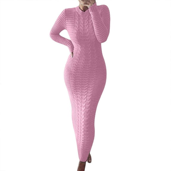 JBXKXYW Dresses for Women 2024 Autumn and Winter Sweater Fashion Long Sleeved Woolen Dress Womens Dresses (Pink,XL)