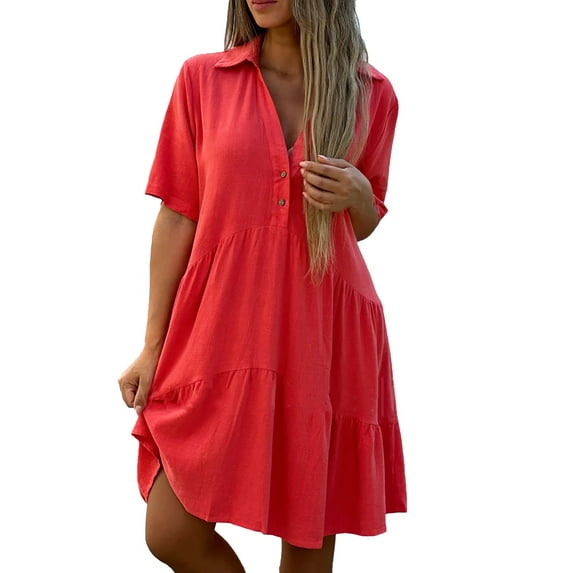 JBXKXYW Dresses for Women 2024 Women's Loose Solid Color Lapel Casual Short Sleeved Cotton Linen Dress Dresses Maxi Dress Dressess (Red,XXXXXL)
