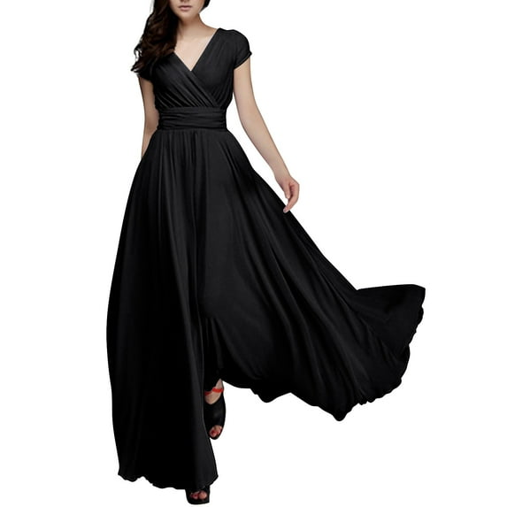 JBXKXYW Dresses for Women 2024 Women's Solid Color V Neck Short Sleeved Chiffon Waist Dress Dresses Maxi Dress Dressess (Black,L)