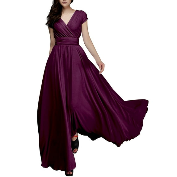 JBXKXYW Dresses for Women Women's Solid Color V Neck Short Sleeved Chiffon Waist Dress Dress Sundress Summer Dresses (Red2,M)