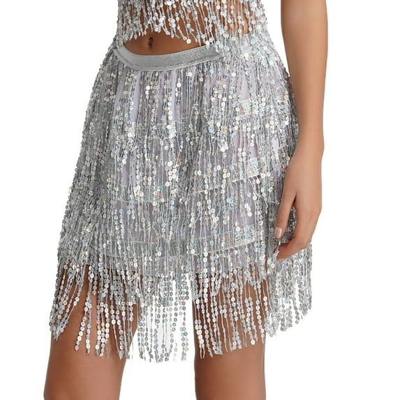 JBXKXYW Skater Skirt Sequin Fringe Women'S Nightclub Skirt Skirt Stage With Sparkly Sparkly Costume Fashion Skirt Women Skirt (Silver,Xl)
