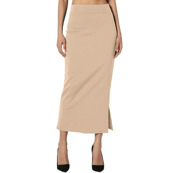 JBXKXYW Skirts for Women Women's S~3X Side Slit Ponte Knit High Waist Mid Calf Long Pencil Skirt Summer Skirt Cute Skirts for Women Faldas Para Mujer (Beige,XXL)