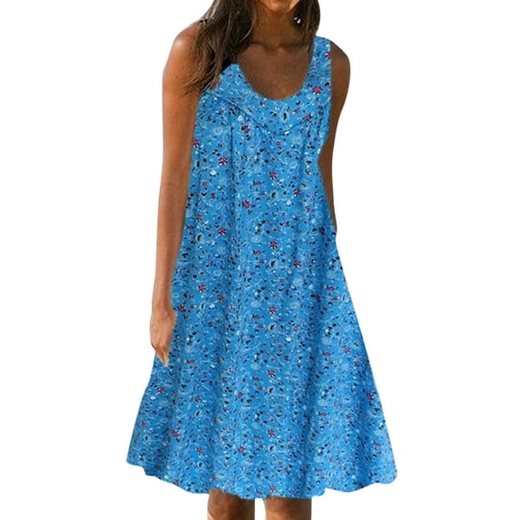 JBXKXYW Spring Dresses for Women 2024 Women Casual Print Sleeveless Loose Plus Size Beach Summer Dress Ladies Dreses Summer Dresses Plus Size Dress (Blue,XL)