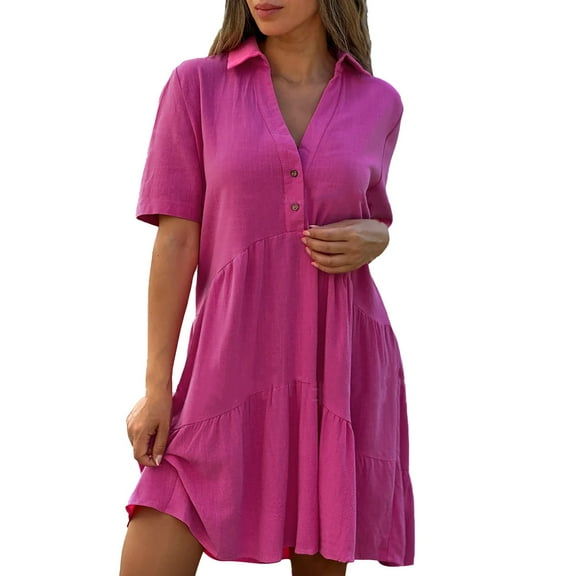 JBXKXYW Summer Dress Women's Loose Solid Color Lapel Casual Short Sleeved Cotton Linen Dress Dress Sundress Dressess (Hot Pink,XXXL)