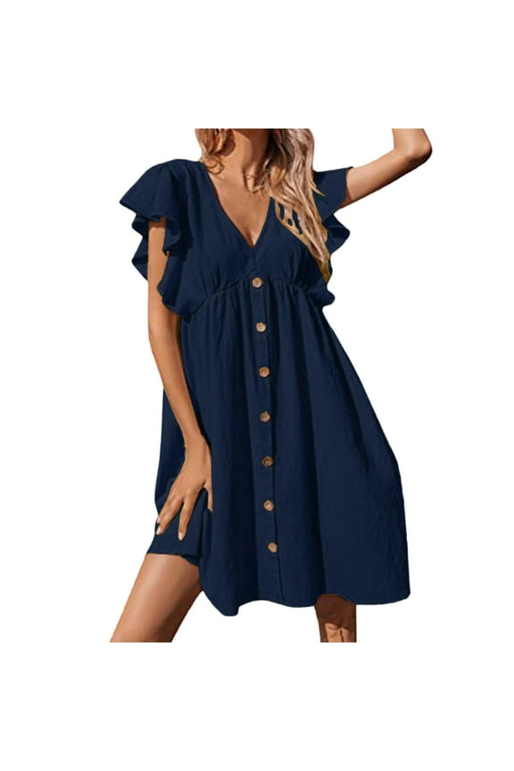 Summer Dress Womens Summer Dress V Neck Casual Flowy Swing Dresses Midi Babydoll Button Down Dress T Shirt Dress Womens Dresses (Navy Blue,M)