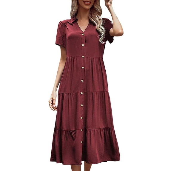JBXKXYW Summer Dresses for Women 2024 Women's Button Up Shirt Summer Casual Short Sleeved V Neck Solid Color Midi Dress Womens Dresses Summer Dresses Midi Dress (Red,M)