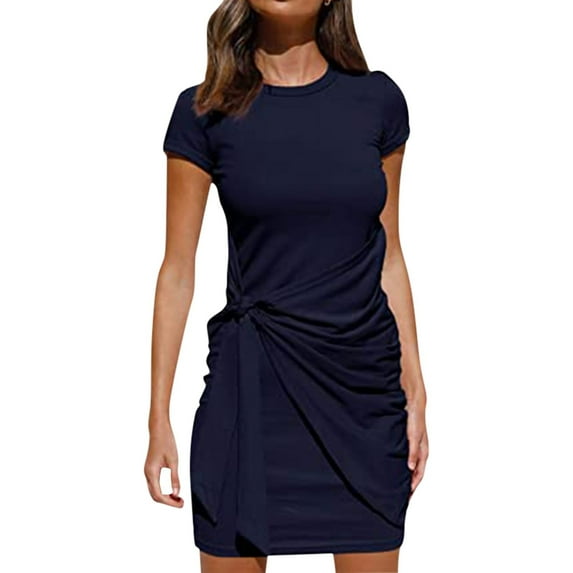 JBXKXYW Sundresses for Women 2024 European and American Round Neck Wrinkled Skirt Summer Fashion Irregular Dress Female Woman Dress Plus Size Dress Casual Dresses for Women(Blue,M)