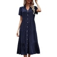 thumbnail image 1 of JBXKXYW Sundresses for Women 2024 Women's Button Up Shirt Summer Casual Short Sleeved V Neck Solid Color Midi Dress Dress Sundress Plus Size Dress (Blue,XL), 1 of 6