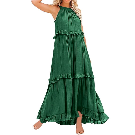 JBXKXYW Women 2024 Ruffled Pleated Dress Flowy Long Sundress Sleeveless Boho Beach Party Dresses (Green,XL)