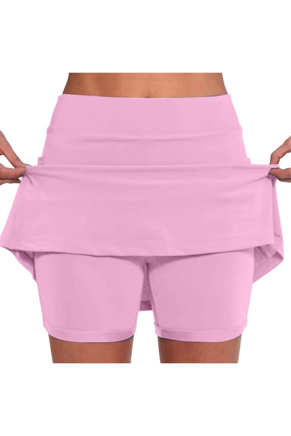Women's Skort Women's Pocket Pants Solid Mid Waist Culottes Short Skirts Skinny Pants Tennis Skorts for Women Women's Skorts Tennis Skirt(Pink,S)