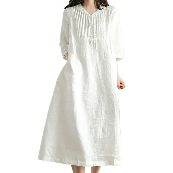 JBXKXYW Womens Summer Dresses Casual Cotton and Linen Three Quarter Sleeve V Neck Sleeveless Mid Length Dress Dress Women Summer Dresses Midi Dress (A,XXL)
