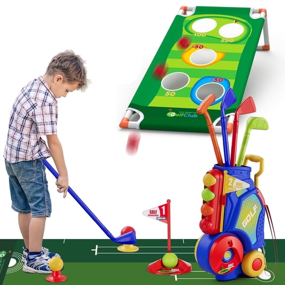 JBeeCtrl 2 in 1 Toddler Golf Set Kids Golf Clubs Set with 8 Balls, Cornhole Board & Putting Mat Kids Golf Toys Set Golf Game Indoor Outdoor Sport Toys Gift for Boys Girls 3 4 5 6+ Years Old, Blue