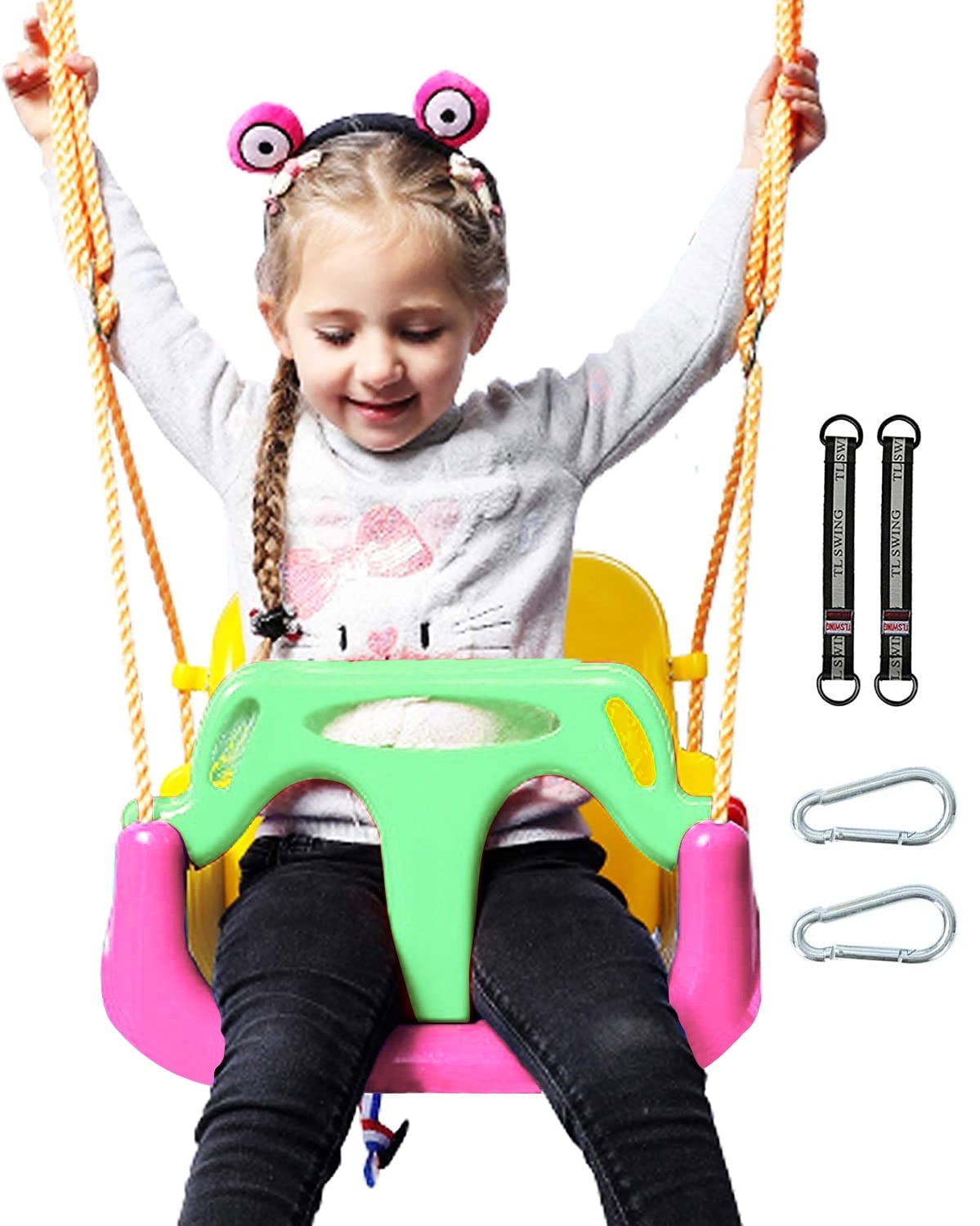 JBeeCtrl 3-in-1 Baby Swing Sets with Hanging Strap and Hooks for Outside Toddler Swing Anti-Flip Snug & Secure Detachable Infants to Kids Swing Seat for Indoor/Outdoor Playset（Pink）