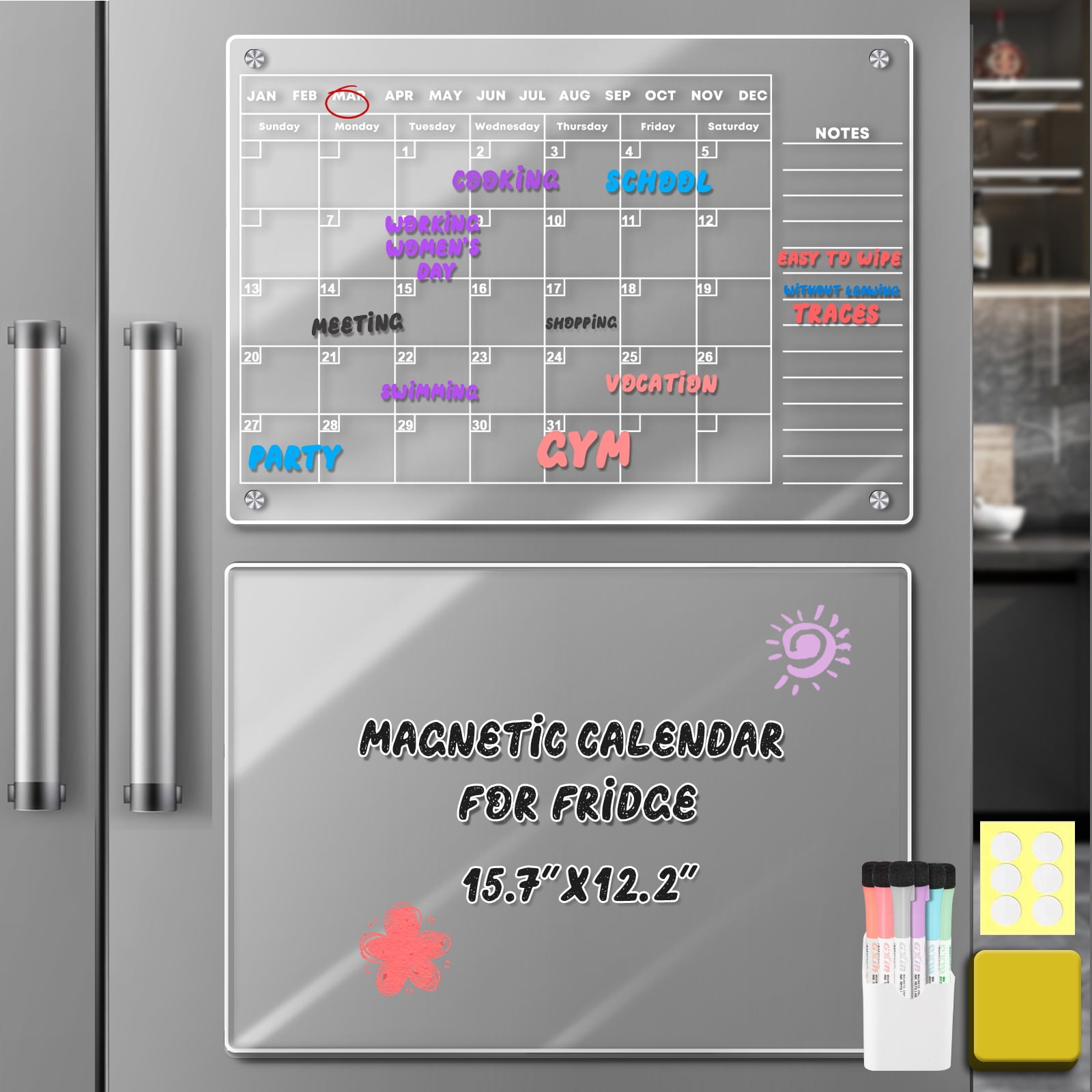 WALGLASS Acrylic Calendar for Fridge, Monthly Clear Acrylic Magnetic Dry  Erase Board for Refrigerator, Set of 2 Stronger-Magnetic Reusable Fridge