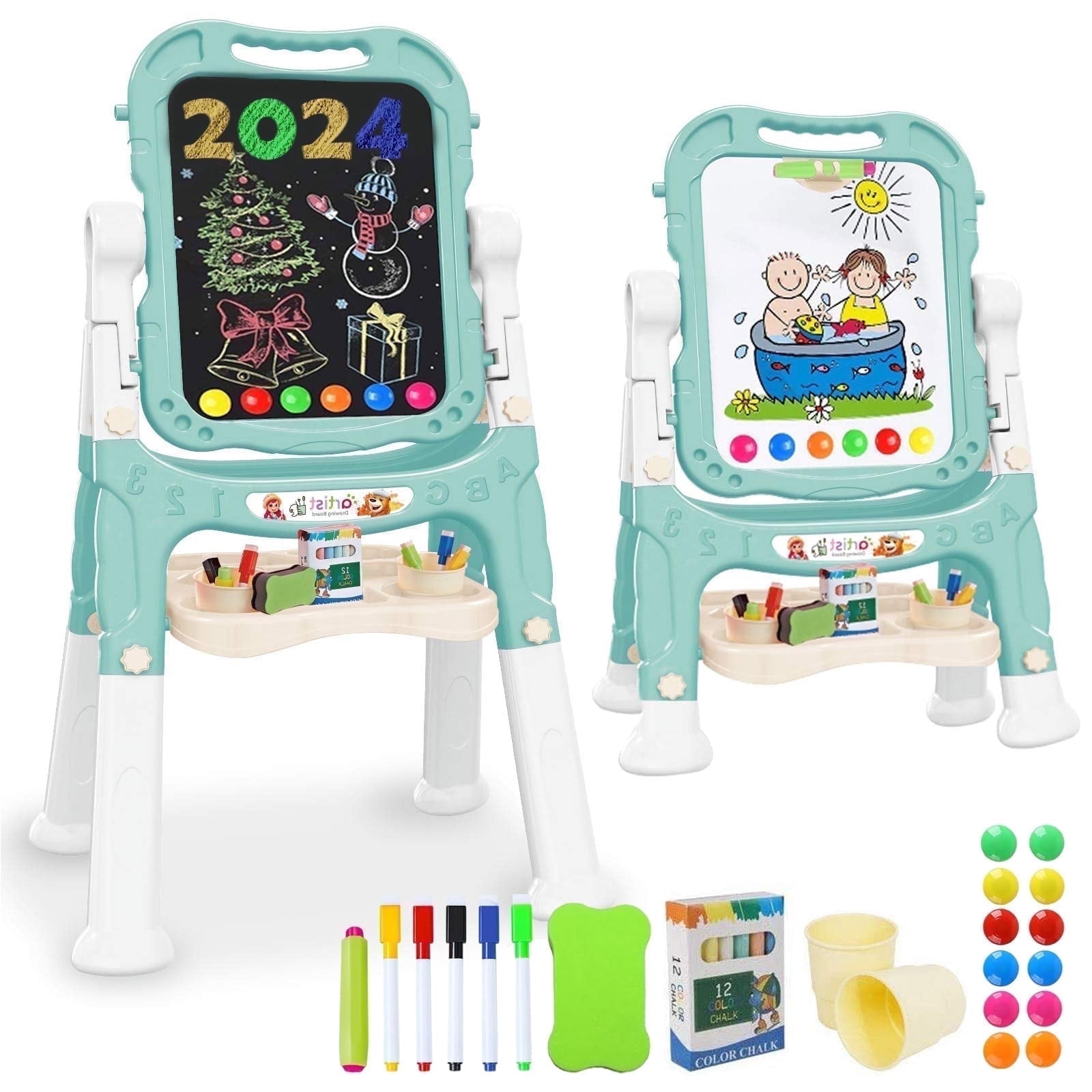 JBeeCtrl Easel for Kids Rotatable Double Sided White Board & Chalk Board Adjustable Standing Kids Art Easel w/ Paint Accessories for Boys Girls Birthday Christmas Birthday Gifts for Kids 3-6 Green