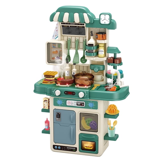 JBeeCtrl Play Kitchen Set for Kids 48Pcs 28Inch Kids Toy Kitchen Playset with Real Sounds & Lights Pretend Play Food Toddler Kitchen Toy Gift for Boys and Grlis Age 3 4 5 6 7(27.5"x18.1"x8.6) Green
