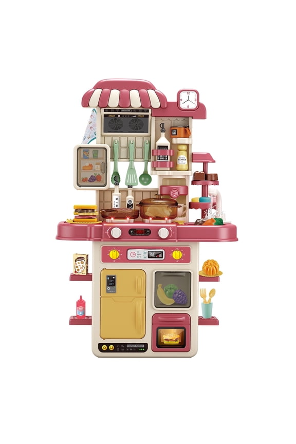 Play Kitchen Set for Kids 48Pcs 28Inch Kids Toy Kitchen Playset with Real Sounds & Lights Pretend Play Food Toddler Kitchen Toy Gift for Boys and Grlis Age 3 4 5 6 7(27.5"x18.1"x8.6) Pink
