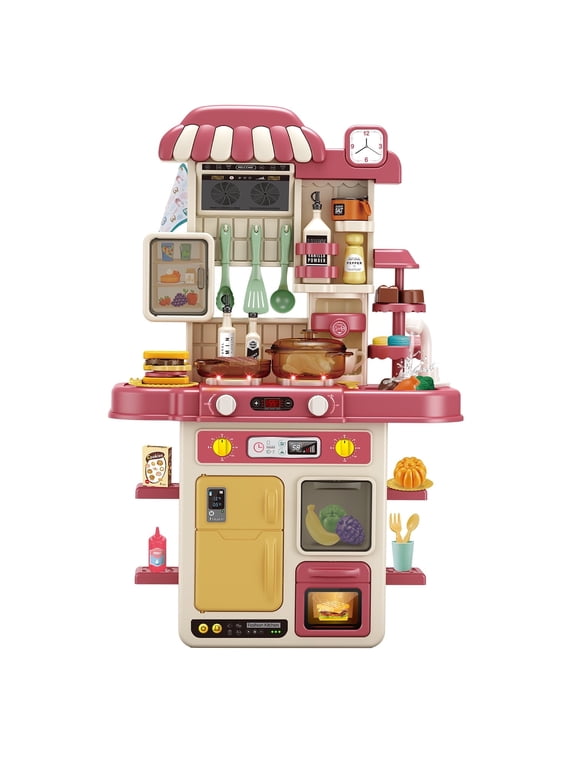 Play Kitchen Set for Kids 48Pcs 28Inch Kids Toy Kitchen Playset with Real Sounds & Lights Pretend Play Food Toddler Kitchen Toy Gift for Boys and Grlis Age 3 4 5 6 7(27.5"x18.1"x8.6) Pink