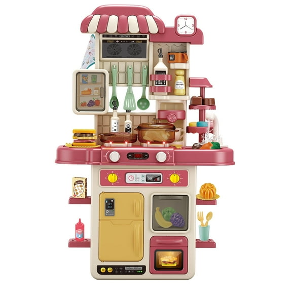 JBeeCtrl Play Kitchen Set for Kids 48Pcs 28Inch Kids Toy Kitchen Playset with Real Sounds & Lights Pretend Play Food Toddler Kitchen Toy Gift for Boys and Grlis Age 3 4 5 6 7(27.5"x18.1"x8.6) Pink