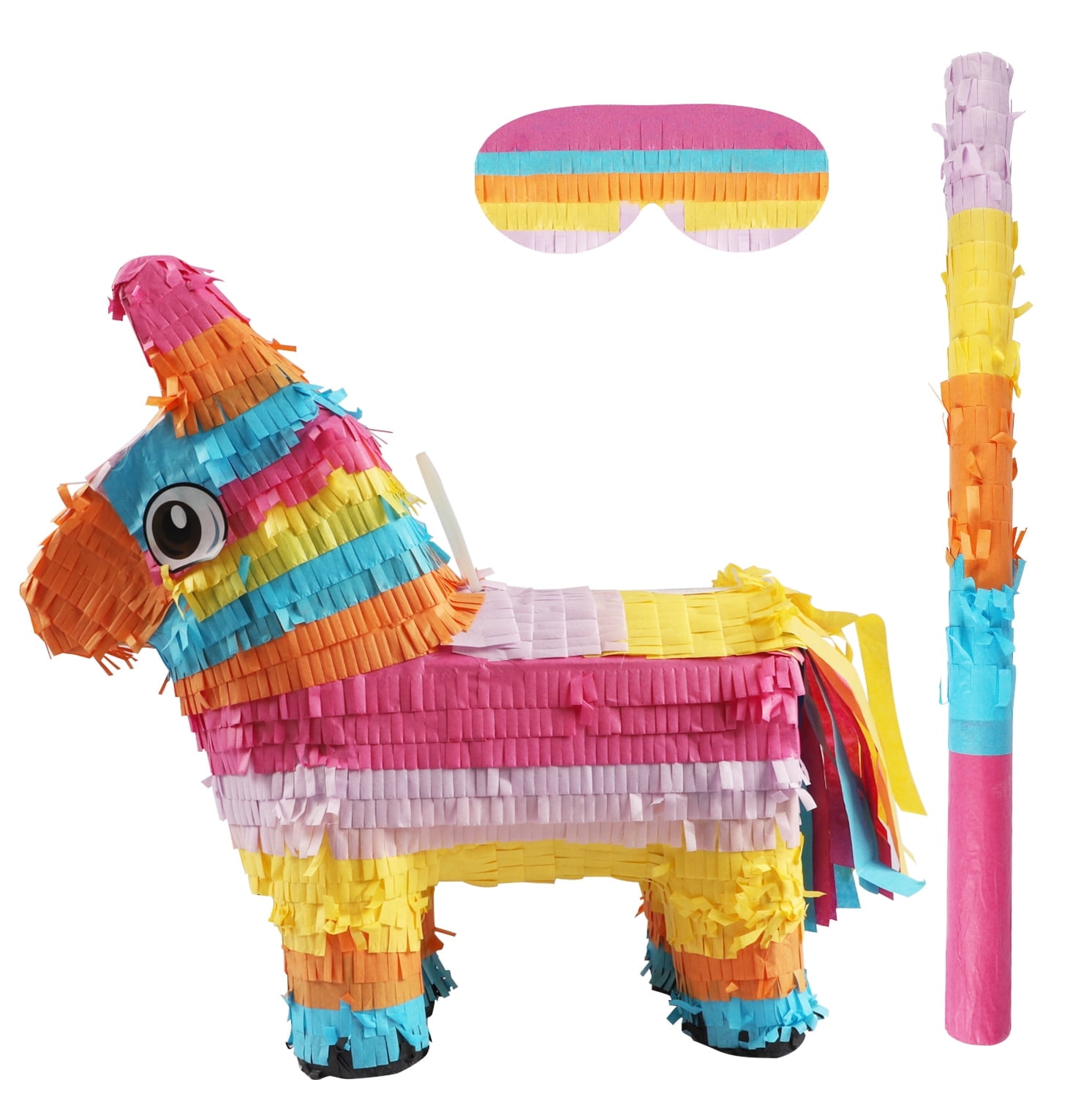 JBeeCtrl Rainbow Donkey Pinata for Birthday Party Decorations with Blindfold and Bat for Girls Boys Kids, Cinco de Mayo, Mexican Fiesta (14.56"x13.78"x4.33")