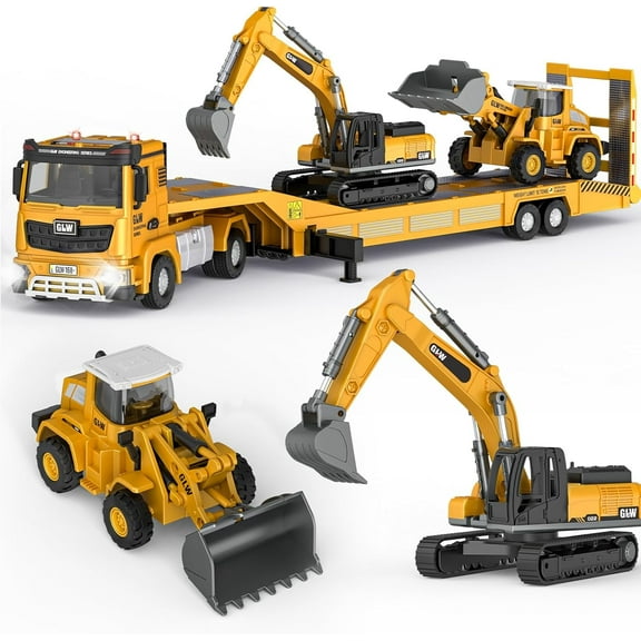 JBeeCtrl Construction Toys Set w/Semi Truck, Excavator, Bulldozer Alloy Engineering Construction Vehicles Truck Toys w/Lights & Sounds Christmas Birthday Gifts for Boy Toys for 3 4 5 6 7 Years Old
