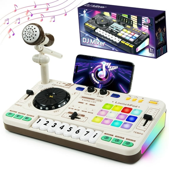 JBeeCtrl DJ Mixer for Kids with Microphone, Piano&BT Light up DJ Turntable with 12 Midi DJ Controller for Beginners Child Musical Instruments Toys for 5 6 7 8 Year Old Boys Birthday Gift-White