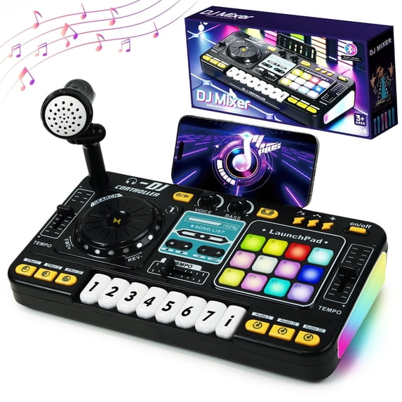 JBeeCtrl DJ Mixer for Kids with Microphone, Piano&BT Light up DJ Turntable with 12 Midi DJ Controller for Beginners Child Musical Instruments Toys for 5 6 7 8 Year Old Boys Birthday Gift-Black